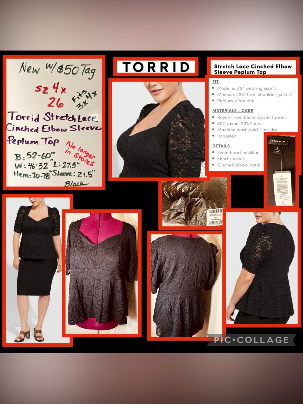 $50 Sz 4x 26 fits 3x 4x ⭐️NEW WITH TAG
Torrid Stretch Lace Cinched Peplum Top